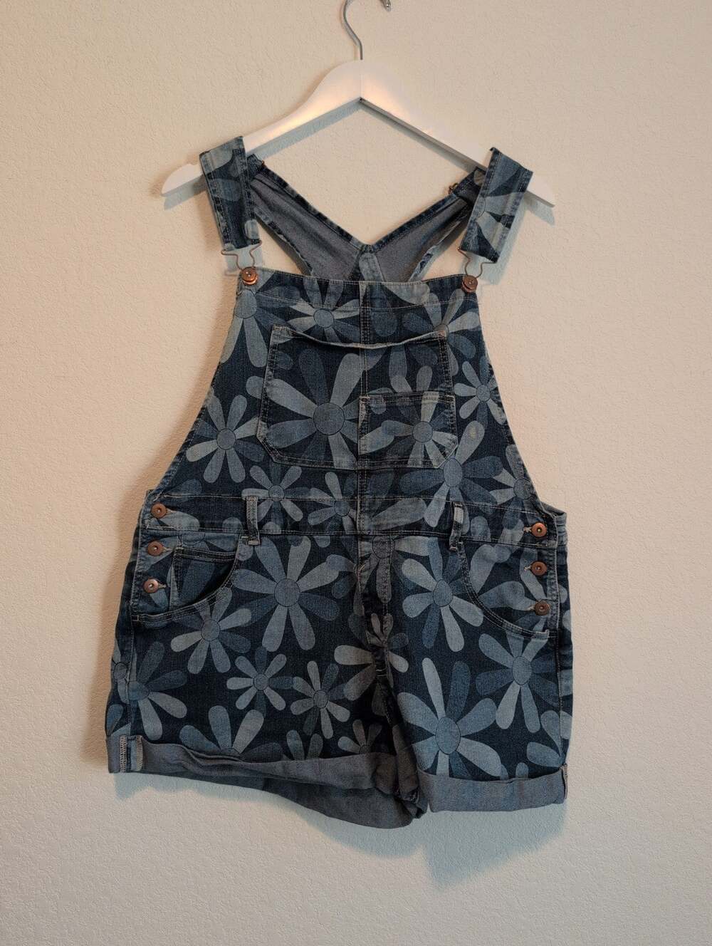 No Boundaries Floral Denim Overall Shorts Size 16 Women's